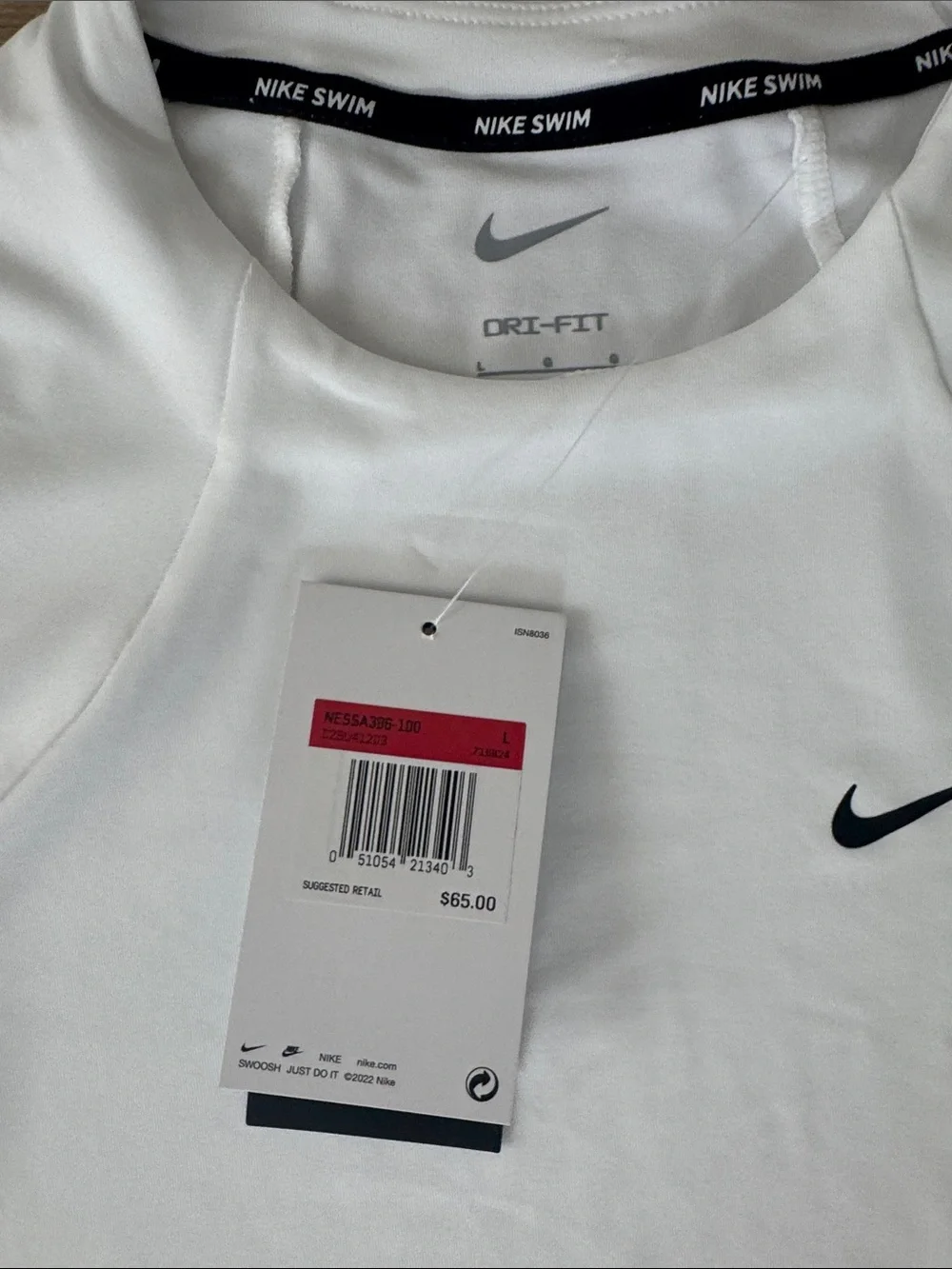 NWT Nike SWIM‎ White Long-Sleeve Dri-FIT SPF 40 Top with Black Swoosh
